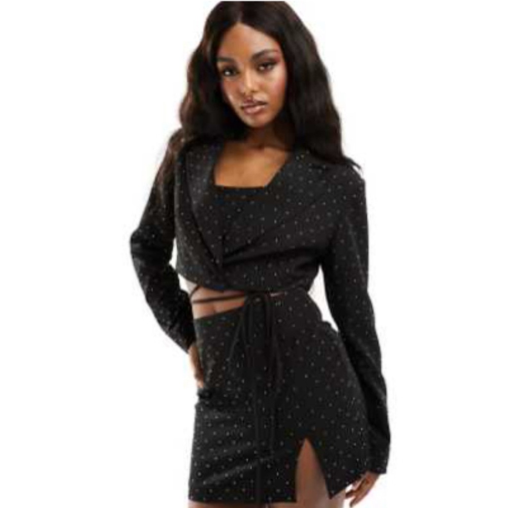 ASOS Black studded bling rhinestone tie up crop Blazer and mini Skirt Set